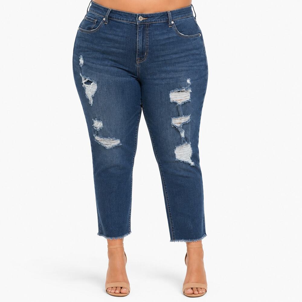 Torrid Plus Size Medium Wash Distressed Raw Hem Boyfriend Crop Denim Jeans
